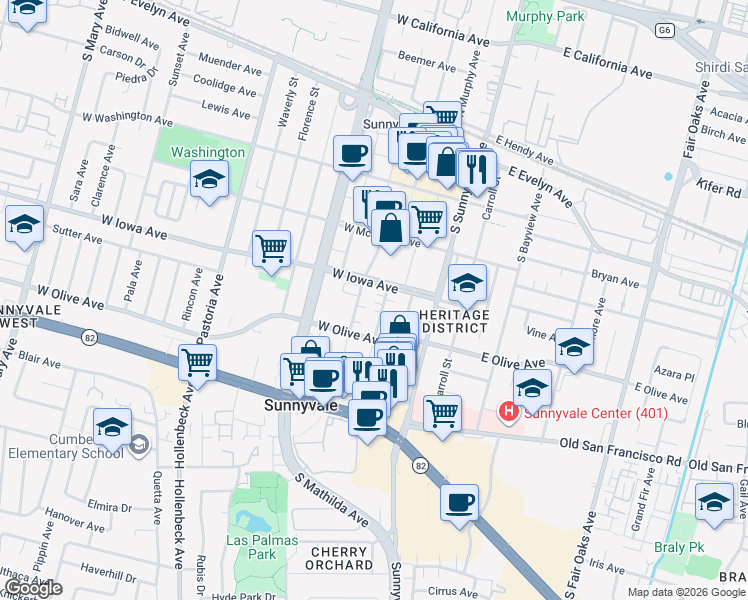 map of restaurants, bars, coffee shops, grocery stores, and more near 429 South Frances Street in Sunnyvale