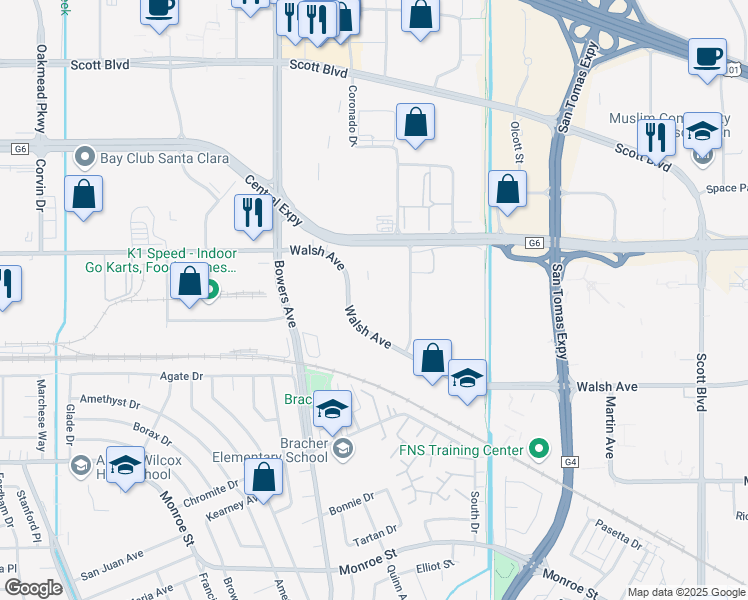 map of restaurants, bars, coffee shops, grocery stores, and more near 2820 Northwestern Parkway in Santa Clara