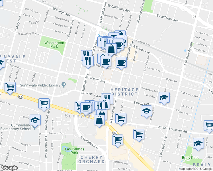 map of restaurants, bars, coffee shops, grocery stores, and more near 416 South Frances Street in Sunnyvale
