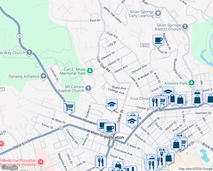 map of restaurants, bars, coffee shops, grocery stores, and more near 212 Blake Avenue in Princeton