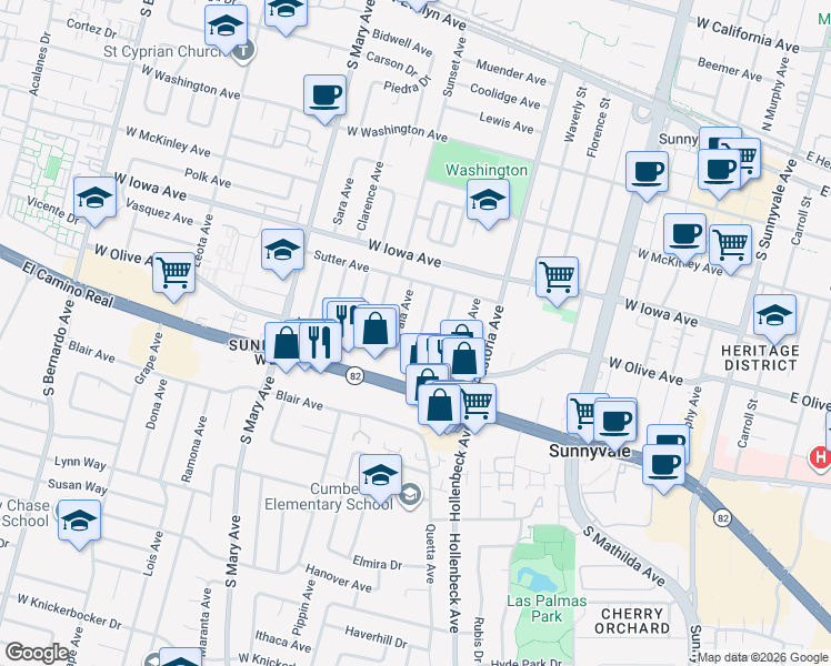 map of restaurants, bars, coffee shops, grocery stores, and more near 475 Peralta Avenue in Sunnyvale