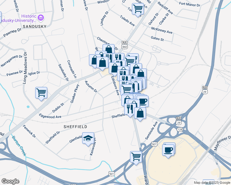 map of restaurants, bars, coffee shops, grocery stores, and more near 2116 Edinboro Avenue in Lynchburg