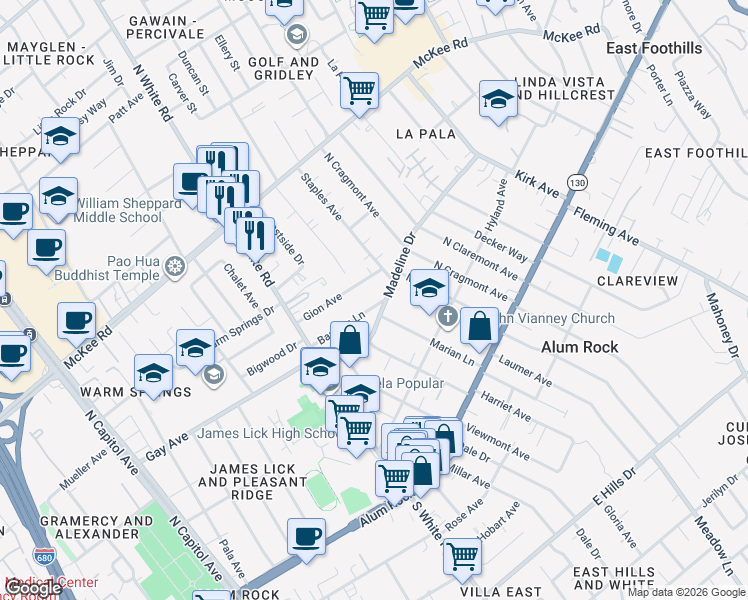 map of restaurants, bars, coffee shops, grocery stores, and more near 3161 Barletta Lane in San Jose