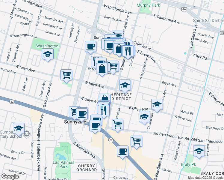 map of restaurants, bars, coffee shops, grocery stores, and more near 148 East Iowa Avenue in Sunnyvale