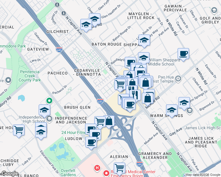 map of restaurants, bars, coffee shops, grocery stores, and more near 445 North Capitol Avenue in San Jose