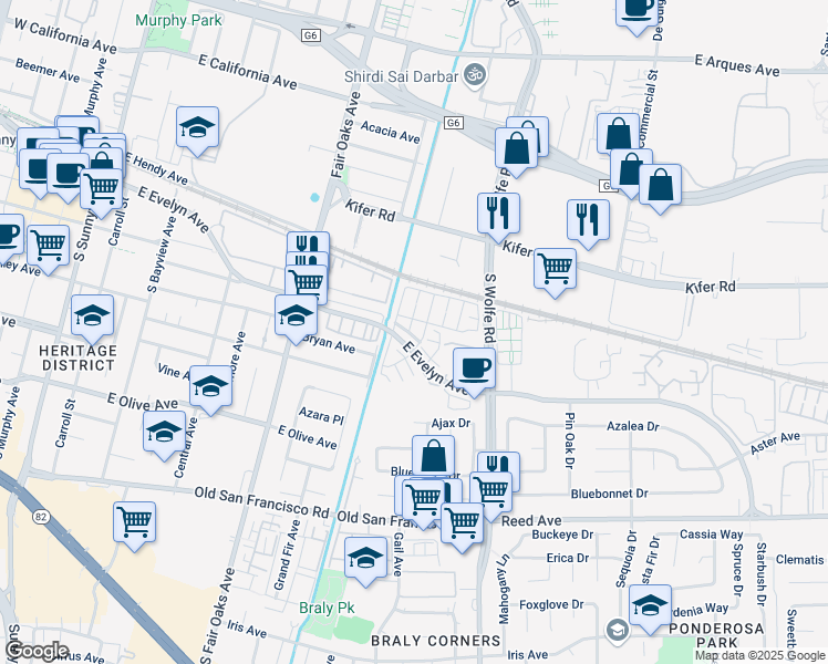 map of restaurants, bars, coffee shops, grocery stores, and more near 138 Hornbeam Terrace in Sunnyvale
