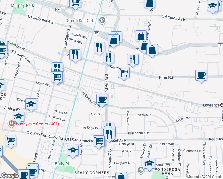 map of restaurants, bars, coffee shops, grocery stores, and more near 211 Peppermint Tree Terrace in Sunnyvale