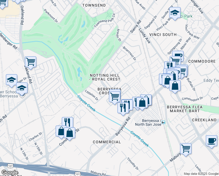 map of restaurants, bars, coffee shops, grocery stores, and more near 1206 Mayberry Lane in San Jose