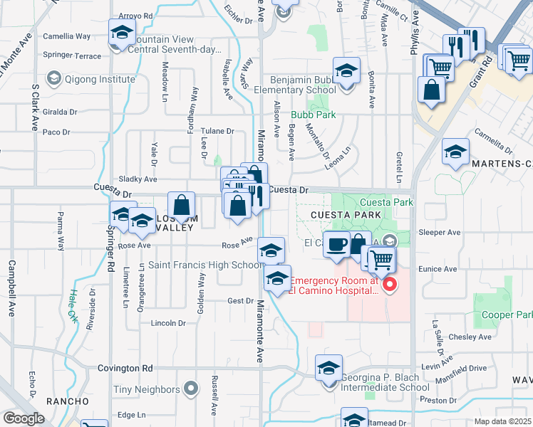 map of restaurants, bars, coffee shops, grocery stores, and more near 1732 Crane Avenue in Mountain View