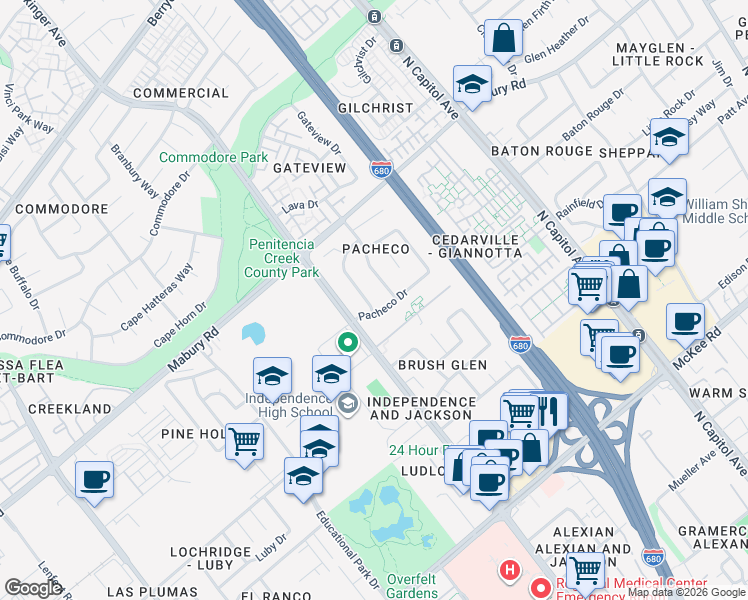 map of restaurants, bars, coffee shops, grocery stores, and more near 682 Webster Drive in San Jose