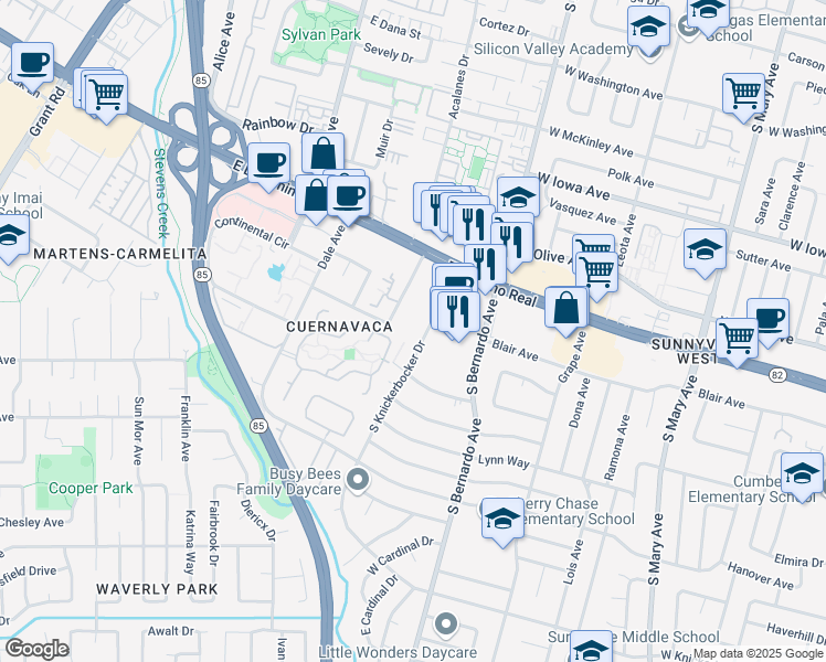 map of restaurants, bars, coffee shops, grocery stores, and more near 665 South Knickerbocker Drive in Sunnyvale