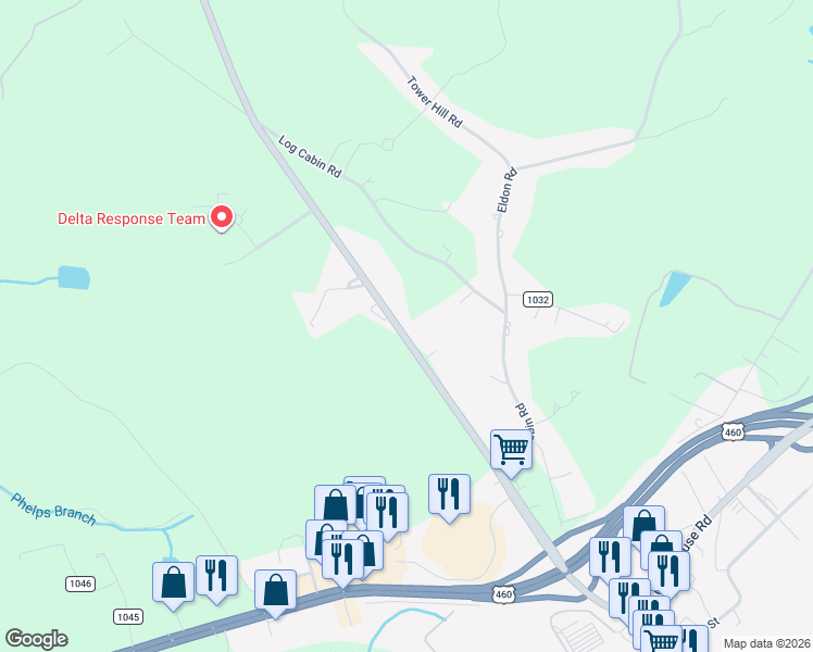map of restaurants, bars, coffee shops, grocery stores, and more near 912 Oakville Road in Appomattox