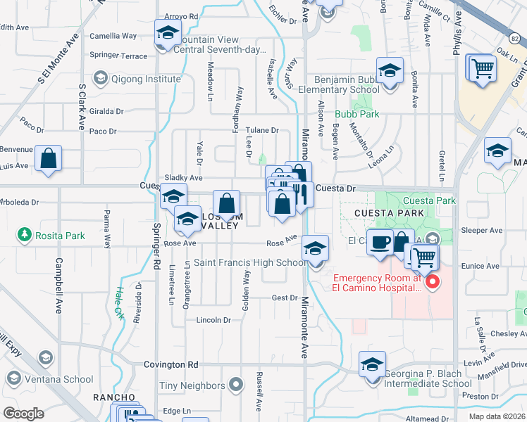 map of restaurants, bars, coffee shops, grocery stores, and more near 1733 Peartree Lane in Mountain View