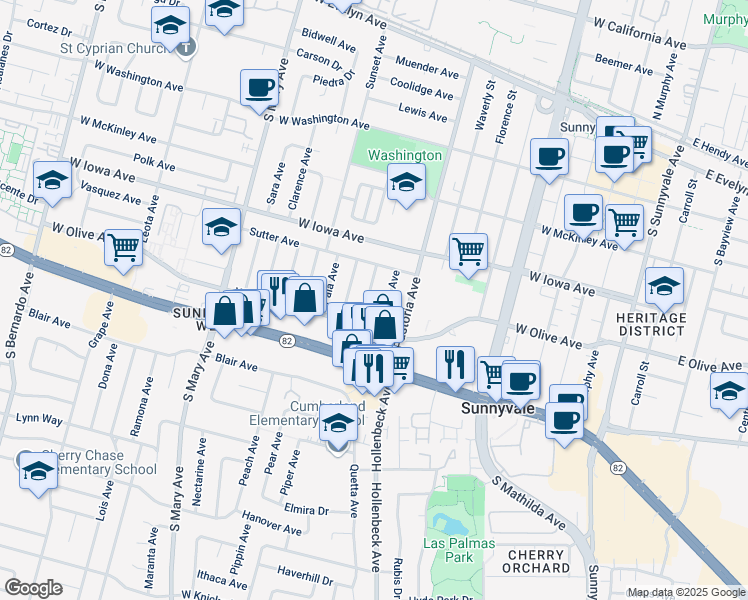 map of restaurants, bars, coffee shops, grocery stores, and more near 458 Purisima Avenue in Sunnyvale