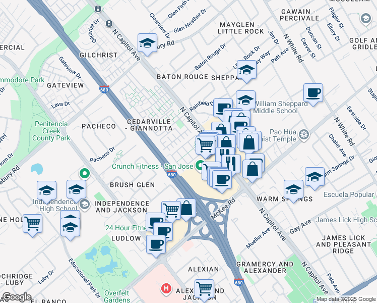 map of restaurants, bars, coffee shops, grocery stores, and more near 486 Genoa Drive in San Jose