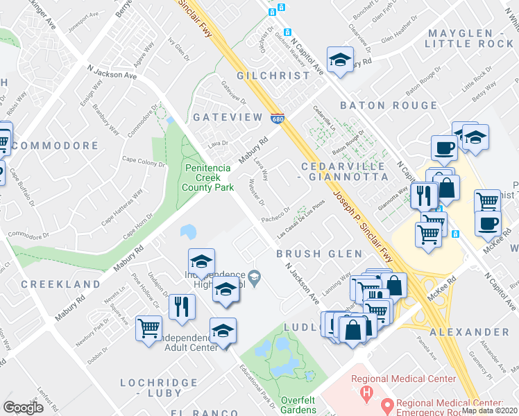 map of restaurants, bars, coffee shops, grocery stores, and more near 688 North Jackson Avenue in San Jose