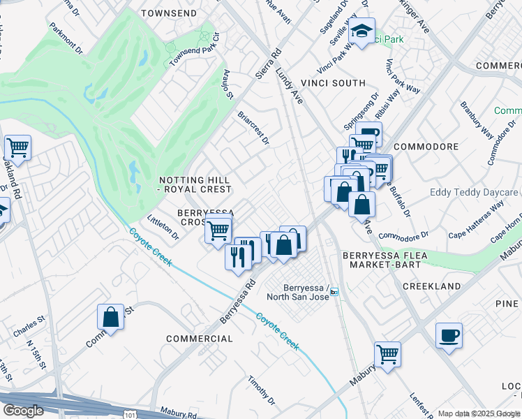 map of restaurants, bars, coffee shops, grocery stores, and more near 1032 Abruzzo Lane in San Jose