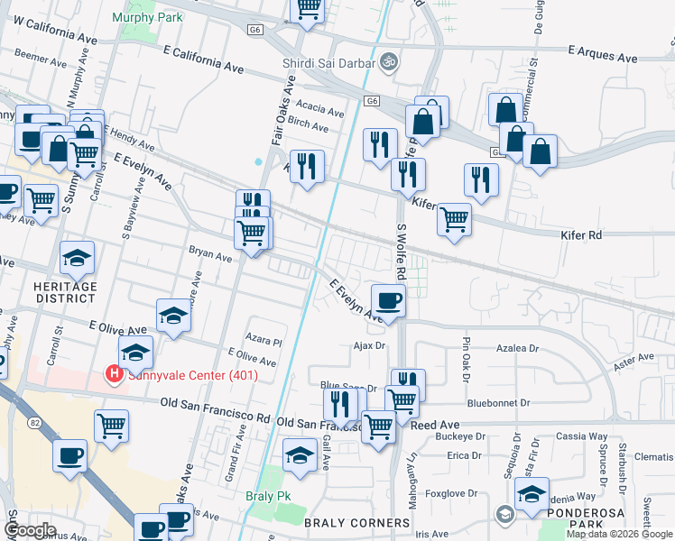 map of restaurants, bars, coffee shops, grocery stores, and more near 138 Hornbeam Terrace in Sunnyvale