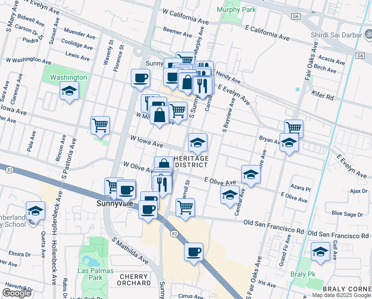 map of restaurants, bars, coffee shops, grocery stores, and more near 389 Carroll Street in Sunnyvale