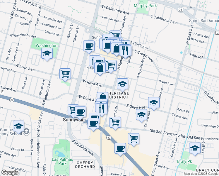 map of restaurants, bars, coffee shops, grocery stores, and more near 148 East Iowa Avenue in Sunnyvale