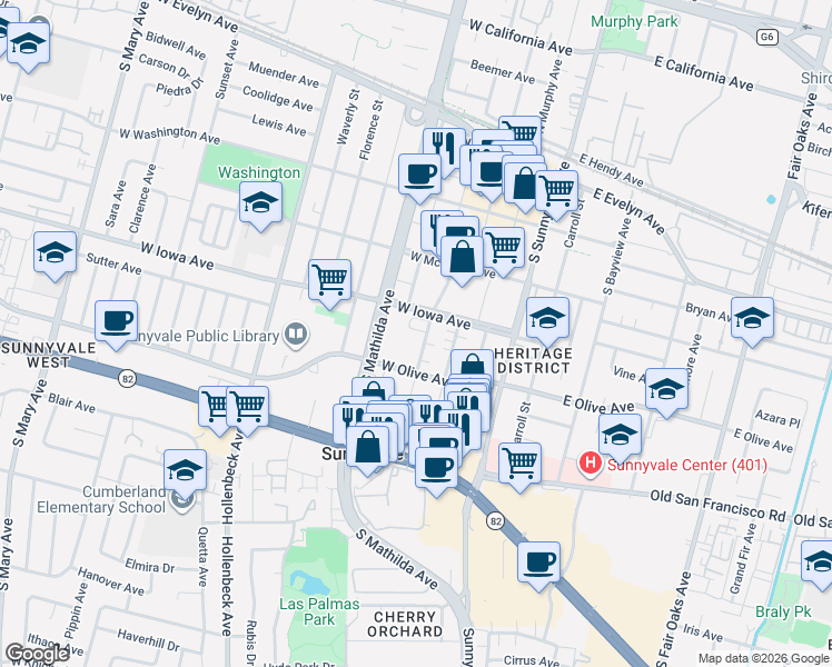 map of restaurants, bars, coffee shops, grocery stores, and more near 322 Polaris Terrace in Sunnyvale