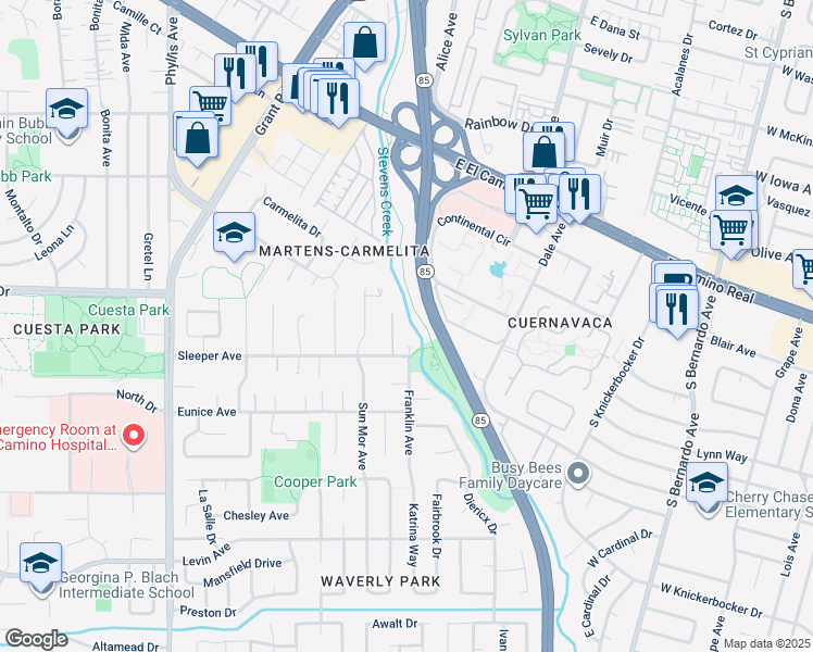 map of restaurants, bars, coffee shops, grocery stores, and more near 13400 Pastel Lane in Mountain View