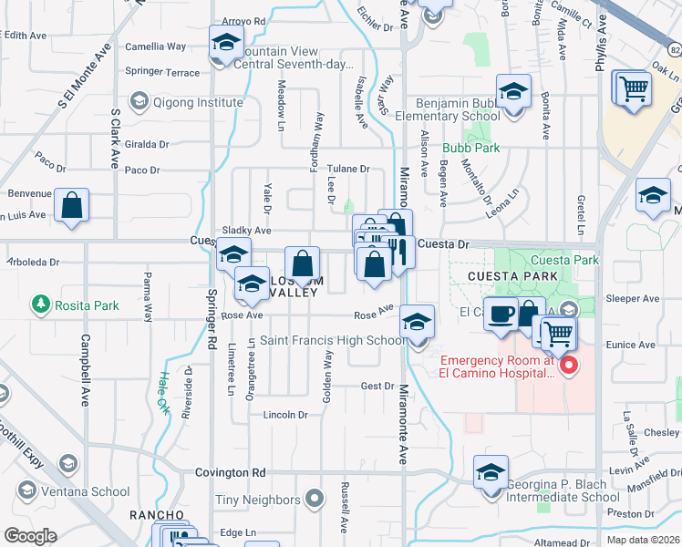 map of restaurants, bars, coffee shops, grocery stores, and more near 1728 Peartree Lane in Mountain View