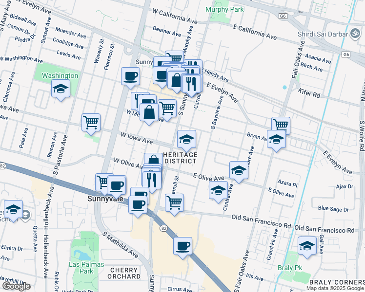map of restaurants, bars, coffee shops, grocery stores, and more near 389 Carroll Street in Sunnyvale