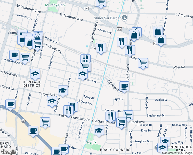 map of restaurants, bars, coffee shops, grocery stores, and more near 256 Fringe Tree Terrace in Sunnyvale