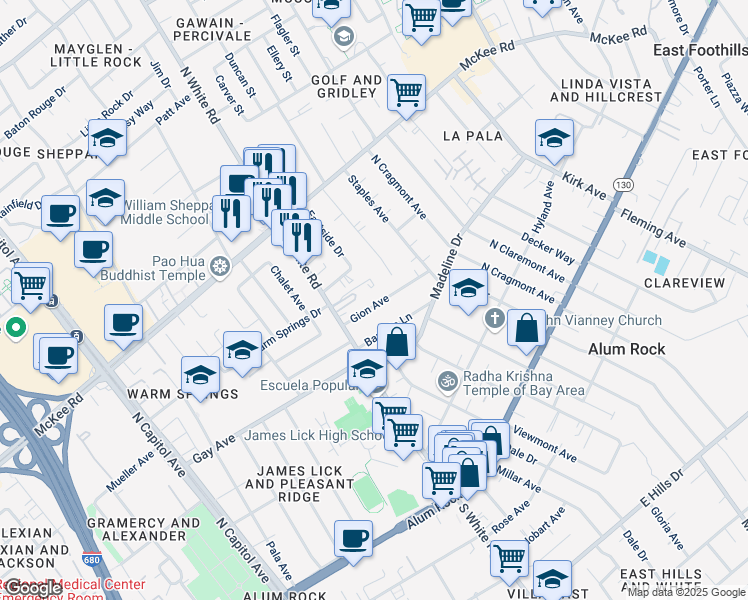 map of restaurants, bars, coffee shops, grocery stores, and more near 4063 Gion Avenue in San Jose
