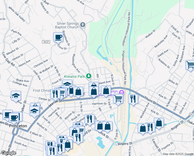 map of restaurants, bars, coffee shops, grocery stores, and more near 305 North 4th Street in Princeton