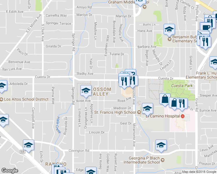 map of restaurants, bars, coffee shops, grocery stores, and more near 1730 Cherrytree Lane in Mountain View