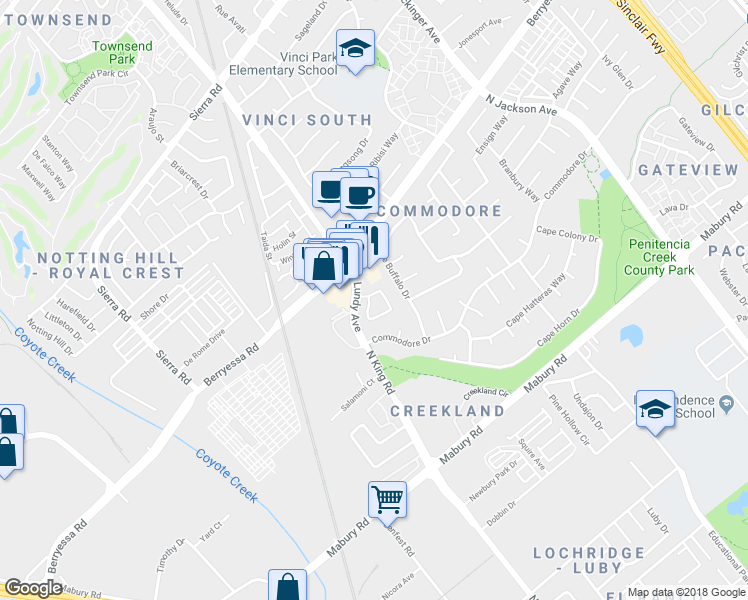 map of restaurants, bars, coffee shops, grocery stores, and more near 1740 Chesterton Circle in San Jose