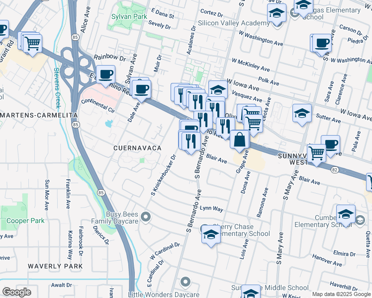 map of restaurants, bars, coffee shops, grocery stores, and more near 643 South Bernardo Avenue in Sunnyvale