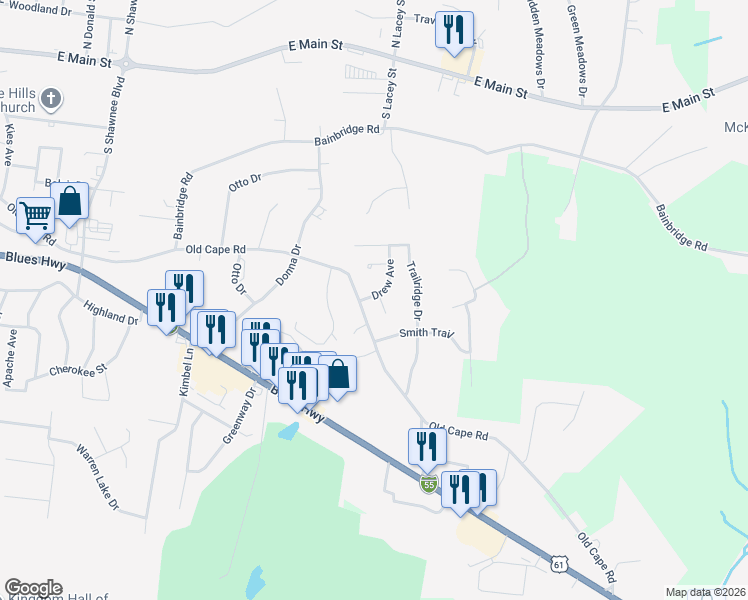 map of restaurants, bars, coffee shops, grocery stores, and more near 1005 Drew Avenue in Jackson