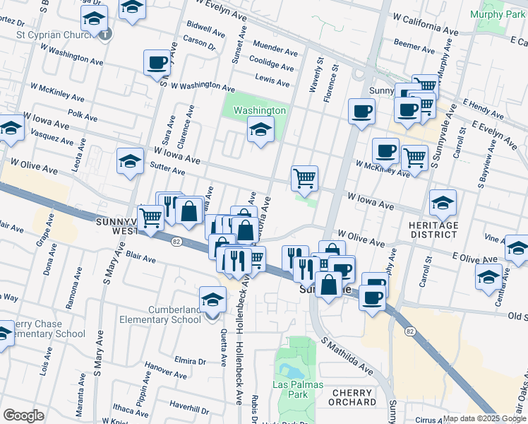 map of restaurants, bars, coffee shops, grocery stores, and more near 435 South Pastoria Avenue in Sunnyvale