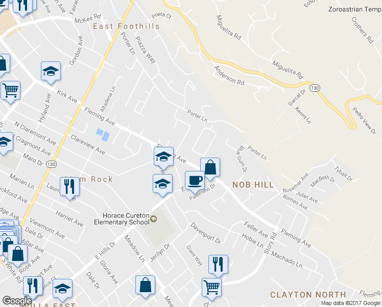 map of restaurants, bars, coffee shops, grocery stores, and more near 14817 East Hills Drive in San Jose