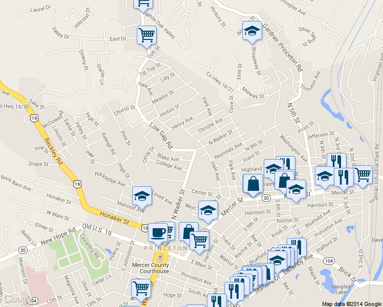 map of restaurants, bars, coffee shops, grocery stores, and more near 1204 North Walker Street in Princeton