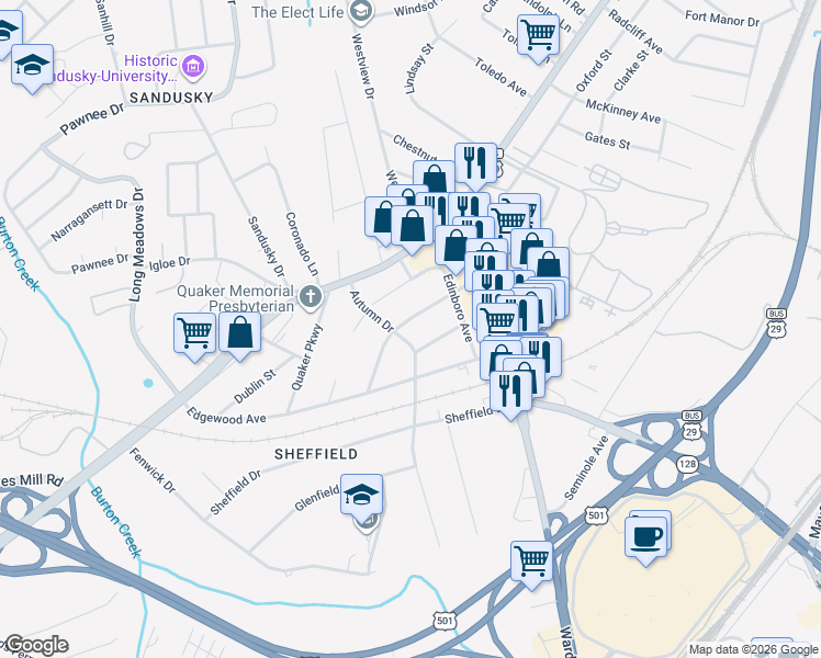 map of restaurants, bars, coffee shops, grocery stores, and more near 5632 White Oak Drive in Lynchburg