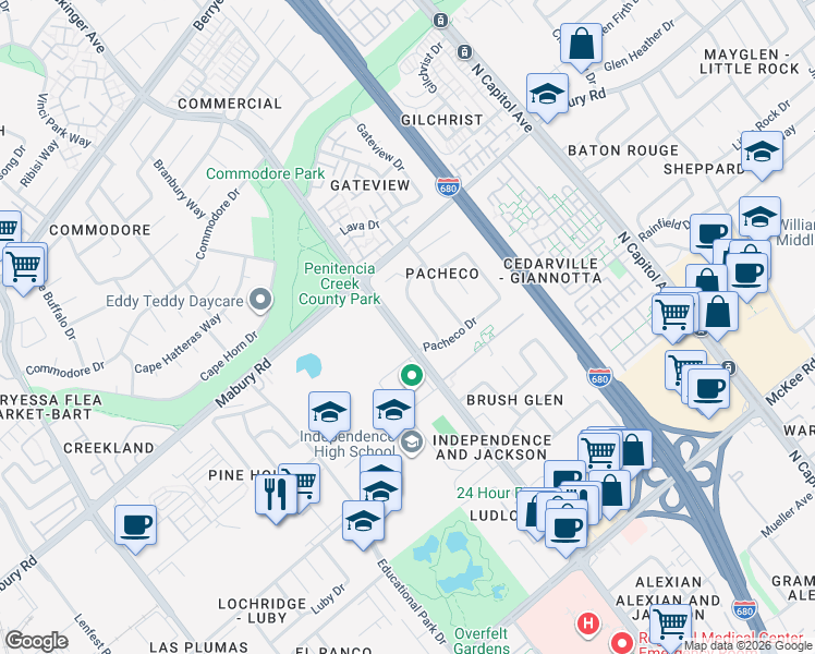 map of restaurants, bars, coffee shops, grocery stores, and more near 688 North Jackson Avenue in San Jose