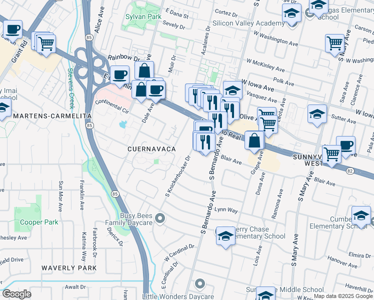 map of restaurants, bars, coffee shops, grocery stores, and more near 665 South Knickerbocker Drive in Sunnyvale