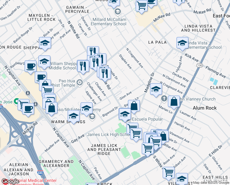 map of restaurants, bars, coffee shops, grocery stores, and more near 220 North White Road in San Jose