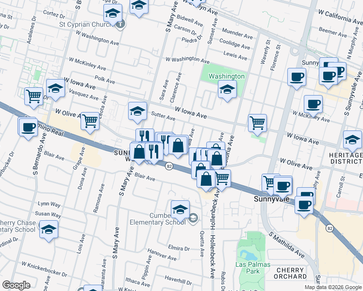 map of restaurants, bars, coffee shops, grocery stores, and more near 486 Ositos Avenue in Sunnyvale