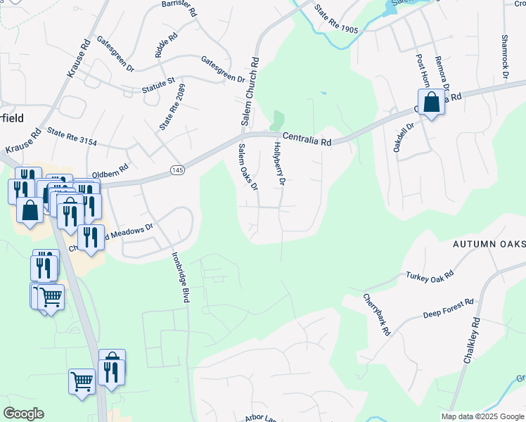 map of restaurants, bars, coffee shops, grocery stores, and more near 10401 Salem Oaks Drive in Richmond