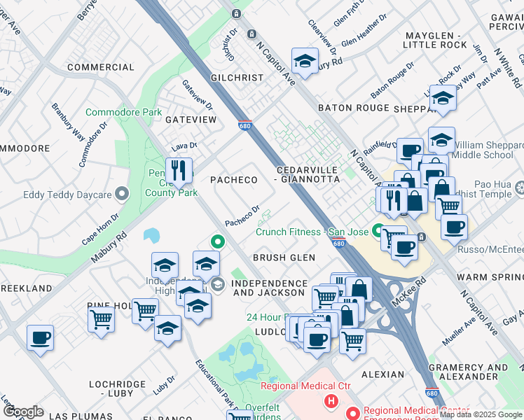 map of restaurants, bars, coffee shops, grocery stores, and more near 2348 Pacheco Drive in San Jose