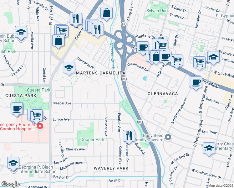 map of restaurants, bars, coffee shops, grocery stores, and more near 13400 Pastel Lane in Mountain View