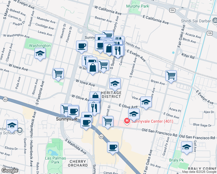 map of restaurants, bars, coffee shops, grocery stores, and more near 390 South Sunnyvale Avenue in Sunnyvale