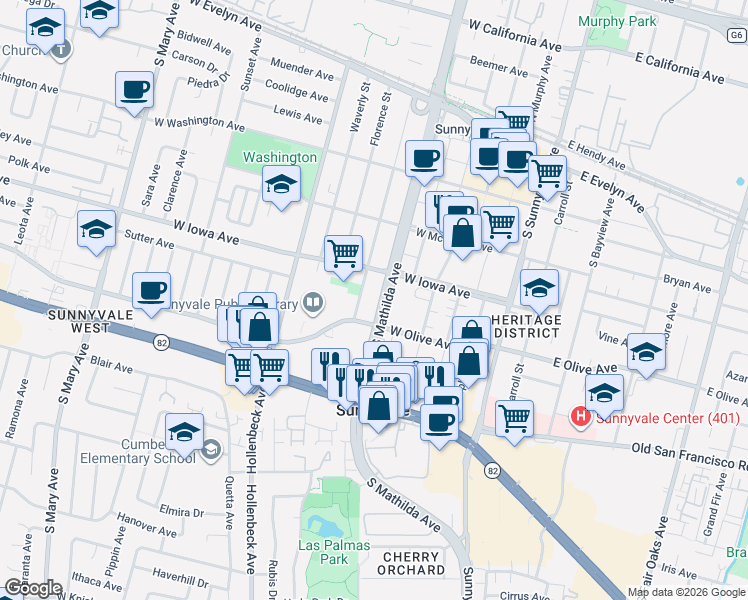 map of restaurants, bars, coffee shops, grocery stores, and more near 481 South Mathilda Avenue in Sunnyvale