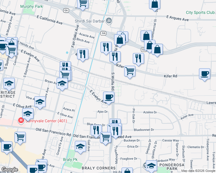 map of restaurants, bars, coffee shops, grocery stores, and more near 782 Bramble Terrace in Sunnyvale