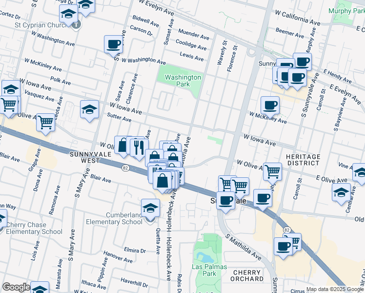 map of restaurants, bars, coffee shops, grocery stores, and more near 435 South Pastoria Avenue in Sunnyvale